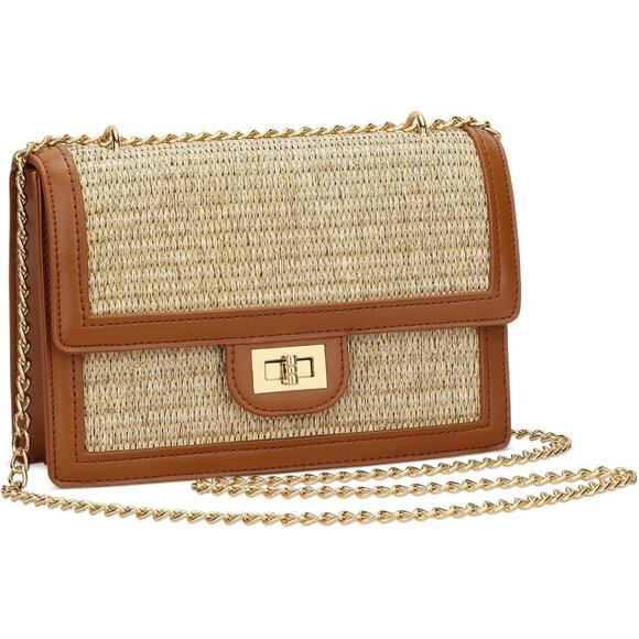 Women Straw Crossbody Bag Summer Beach Vegan Leather Brown 8.5x3x5.7 Inch - Picture 1 of 9